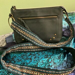 Stylish Green Crossbody Bag with Patterned Strap